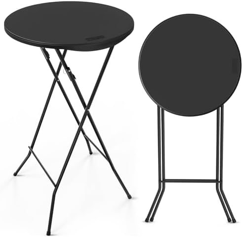 VINGLI 24" Plastic Folding Round Table Bar Height, HDPE Matrial with Gray Metal Finish, High Top Table for Outdoor Party, Cafes, Restaurants, Backyard, Dining Room, Wedding Event,1 Pack, Black