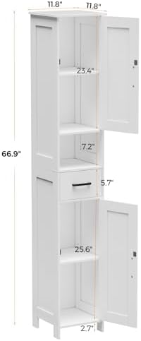 Homhedy 67" H Tall Bathroom Storage Cabinet with Barn Doors and Drawer | Narrow Storage Unit with Adjustable Shelves, Floor Cabinet for Bathroom, Living Room, Entryway or Kitchen, White, 11.8" W