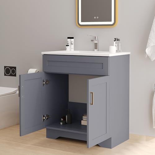 Bathroom 30" Vanity with Ceramic Sink, Wooden Double Door Bathroom Storage Cabinet, Freestanding Cabinet Vanity with Sink (Paint, Grey,30")