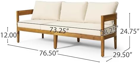 76.5 Inch Outdoor Acacia Wood 3-Seater Patio Sofa with Beige Cushions Curved Tuxedo Design Weather-Resistant Garden Backyard Couch, Teak