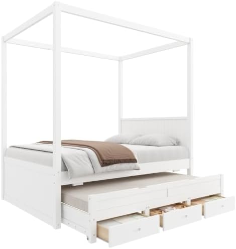 SANOFI Full Size Wood Canopy Bed with Twin Size Trundle, White