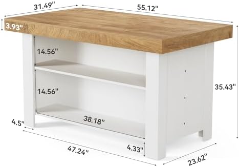 LITTLE TREE 55 Inches Kitchen Island with Storage, 3-Tier Farmhouse Stationary Island Table with Large Worktop & Leg Room, Modern Coffee Bar Table with Storage Shelf for Kitchen, Oak & White