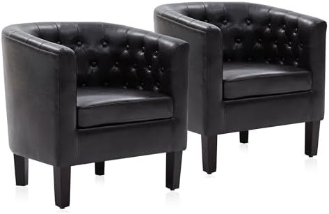 BELLEZE Brown Accent Chairs for Living Room, Set of 2 Elegant Arm Chairs, Upholstered Tufted Barrel Chairs Club Chairs for Bedroom with Sturdy Legs and Faux Leather - Berlinda (Brown)