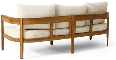 76.5 Inch Outdoor Acacia Wood 3-Seater Patio Sofa with Beige Cushions Curved Tuxedo Design Weather-Resistant Garden Backyard Couch, Teak