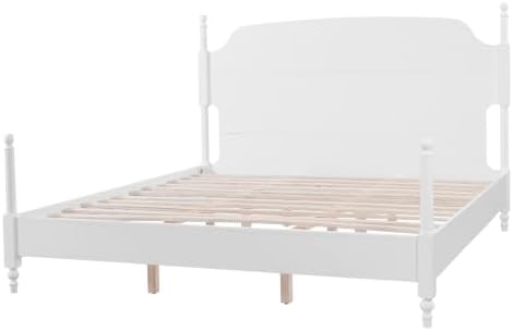 Christopher Knight Home Kane Wooden King Bed Frame with Headboard, Farmhouse King Size Bed Frame and Arched Headboard, 4-Poster King Bedframe with Slats Support, No Box Spring Needed, White