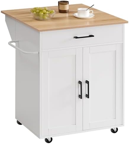 MAHANCRIS Kitchen Island on Wheels with Drop Leaf, Folding Countertop Kitchen Island Cart, Kitchen Island Table with Towel Rack, Drawer, for Kitchen, Dining Room, White and Natural KINW12501