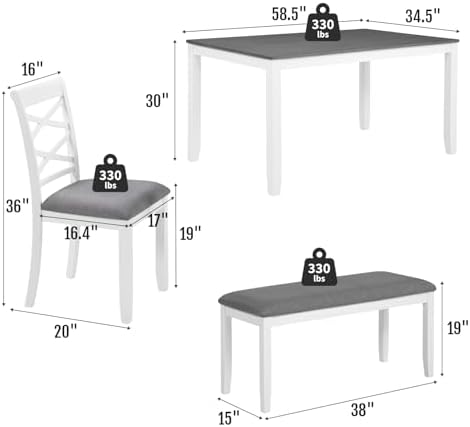 Zevemomo 6-Piece Solid Wood Dining Table Set, Grey & White