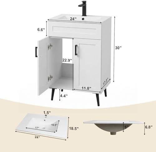 24 Inch Bathroom Vanity with Sink, Modern Wooden Freestanding Bathroom Storage Cabinet with 2 Doors, Metal Legs, Painted Surface, White