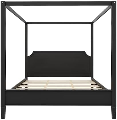 Queen Size Wood Canopy Bed Frame, Black Vintage Four-Posters Platform Bed Frames with Headboard, 10-Slat Support Wooden Post Beds, 8" Under Bed Storage, Easy Assembly (Black, Queen, 77"H)
