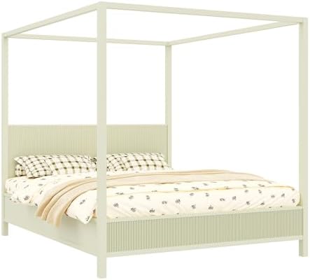 King Size Wood Canopy Bed Frame, Beige Vintage Four-Posters Platform Bed Frames with Headboard, 10-Slat Support Wooden Post Beds, 6" Under Bed Storage, Easy Assembly (Beige, King, 75.5"H)