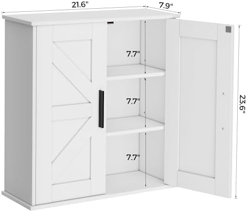 Homleke Bathroom Wall Cabinet, Medicine Cabinet with Adjustable Shelves | 3-Tier Wall Mounted Over Toilet Storage with Barn Doors, for Bathroom, Kitchen, Entryway, Laundry Room, White, (7.9" D)
