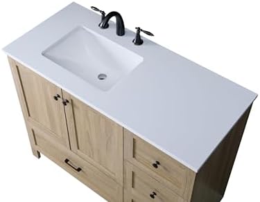 42" Pre-Assembled Bathroom Vanity with Sink, MDF Engineered Wood, Ivory White Engineered Marble Countertop Attached, Single Rectangle Porcelain Sink, 4 Soft-Close Drawers, Mango Wood