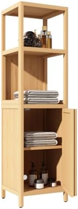 GDFStudio 52" Tall Bamboo Storage Cabinet, Freestanding Floor Linen Tower with Shelves and Door, Slim Bathroom Organizer for Living Room, Bedroom, Kitchen, Pantry, Space Saving Storage Furniture