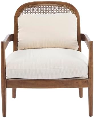 Christopher Knight Home Nadine Wooden Club Chairs Set of 2, Club Chair, Rattan Open Back Armchair, Accent Reading Sofa Chair with Cushions, Accent Chairs Set for Living Room Bedroom, Beige Stripe
