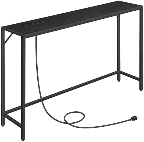 MAHANCRIS 43.7”Console Table with Outlet, Narrow Sofa Table with Charging Station, Entryway Table with Display Shelf, Behind Couch Table, Long Sofa Side Table, Living Room, Hallway, Black CTHB112E01