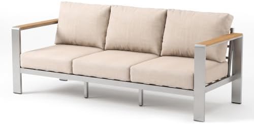 Aluminum Outdoor Patio 3-Seater Sofa Set, All-Weather Outdoor Patio Sofa with 6" Thick Removable & Washable Cushions, Rustproof Patio Outdoor Sofa Couch for Deck, Balcony, Porch, Yard, Silver