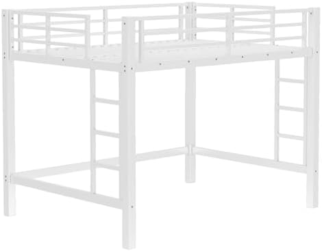Bellemave Full Size Metal Loft Bed Frame with 2 Ladders, High Guardrail & Sturdy Iron Construction, Space-Saving Adult Loft Bed for Dorms, Safe for Kids, Teens, No Box Spring Needed, White