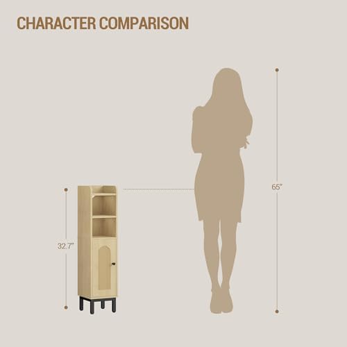 Hzuaneri Bathroom Storage Cabinet, Small Corner Floor Cabinet | Narrow Toilet Paper Holder, Bathroom Organizer with Adjustable Shelf, 2 Doors, for Small Spaces, Rattan Yellow BC08202Y