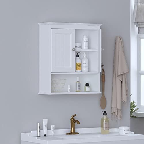 Spirich Bathroom Wall Cabinet with Beadboard Doors, White Medicine Cabinet | Adjustable Shelf, Open & Concealed Storage, Space-Saving Over-Toilet Design for Toiletries, Towels, Medicines & Decor