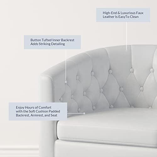 BELLEZE White Accent Chairs for Living Room, Elegant Arm Chair Upholstered Tufted Barrel Chair Club Chair for Bedroom with Sturdy Legs and Faux Leather - Berlinda (White)