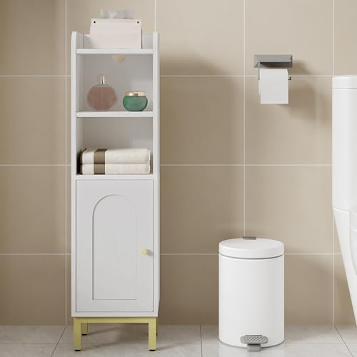 Hzuaneri Bathroom Storage Cabinet, Small Corner Floor Cabinet | Narrow Toilet Paper Holder, Bathroom Organizer with Adjustable Shelf, 2 Doors, for Small Spaces, White BC38213G