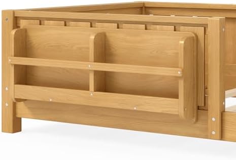 Bellemave Twin Floor Bed with Slats and Safety Guardrail, Twin Size Montessori Floor Bed with Fence and Built-in Bookshelf, Easy Assemble Montessori Beds for Kids, Girls, Boys, Light Natural