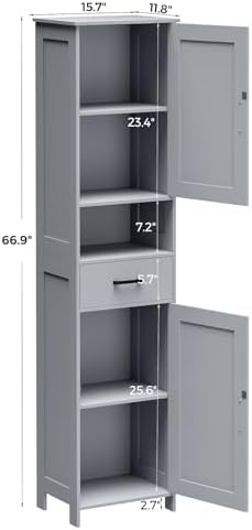 Homhedy 67" H Tall Bathroom Storage Cabinet with Barn Doors and Drawer | Narrow Storage Unit with Adjustable Shelves, Floor Cabinet for Bathroom, Living Room, Entryway or Kitchen, Gray, 15.7" W