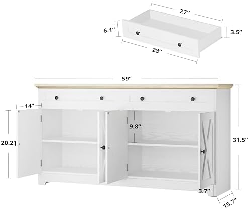 IRONCK Buffet Cabinet, 59" W Kitchen Storage Cabinet with Drawers & Doors