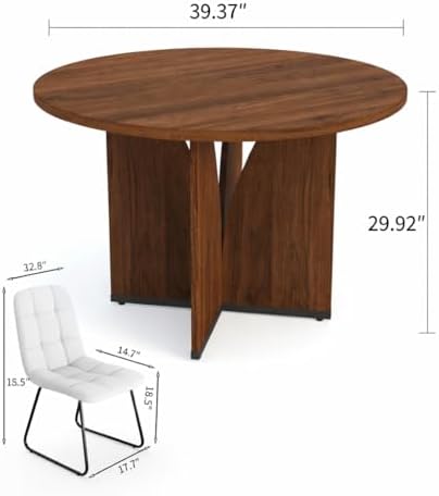 HIPIHOM Modern Round Dining Table Set for 2, 39.4" Walnut Kitchen Table with 2 PU Leather Chairs, 3-Piece Mid-Century Dining Room Set for Small Spaces, Pedestal Base