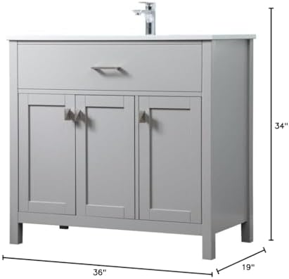 36" Pre-Assembled Bathroom Vanity with Sink, Engineered Wood, Calacatta White Engineered Marble Countertop Attached, Single Rectangle Porcelain Sink, Grey