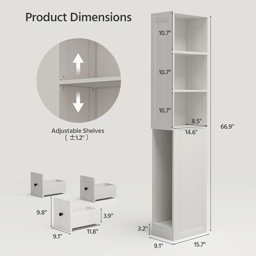 Tall Narrow Bathroom Storage Cabinet, 67" Floor Cabinet with 2-Way Reversible Door & 3 Drawers, Narrow Pantry Linen Tower with Adjustable Shelves for Small Space, Kitchen, Laundry, White