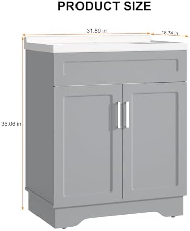 Smhxo Bathroom Vanity with Ceramic Sink, Bathroom Vanity Cabinet with 2 Doors, 32 Inches Wooden Cabinet with Sink, Grey
