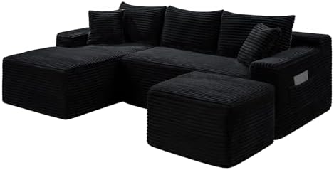 95-Inch U-Shaped Left Facing Corner Compressed Sofa Modular Sectional Boneless Cloud Sofa Floor Foam Couch W/Chaise Lounge & Ottoman, Corduroy Corner Boneless Cloud Couch