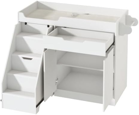 St.Mandyu Baby Changing Table with Drawers & Storage, Diaper Changing Station with Stairs, Toddler Wooden Changing Table with Paper Roller for Daycare & Home, White