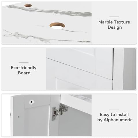 24 Inch White Bathroom Vanity with Marble Texture Top, Traditional Standing Pedestal Cabinet with Gold Boat Glass Sink
