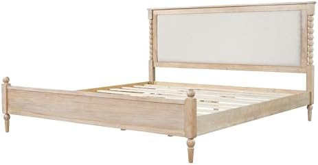 Merax King Size Solid Wood Platform Bed Frame, Upholstered Headboard & Classic Spindle & with Fabric Panel, No Box Spring Needed, 500 lbs Capacity Timeless Traditional for Bedroom, Natural