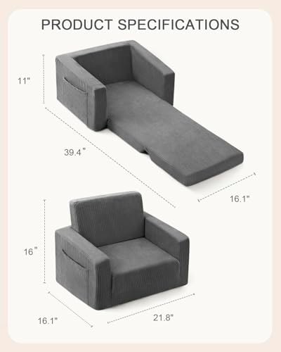 2-in-1 Kids Chair and Couch, Cozy Corduroy Kids Sofa, Grey