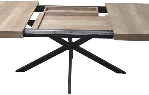 Extendable Dining Table for 4-6 People, 55" to 71" Expandable Table with Hidden Storage Drawer and Black Metal Base, Modern Rectangular Kitchen Dining Table, Grey