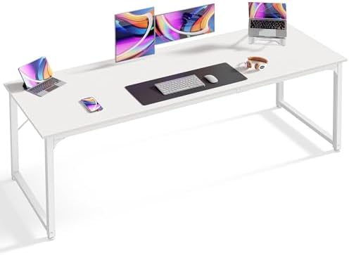 Huuger Computer Desk, 70 Inch Office Desk, Gaming Desk with Storage, Writing Desk Work Desk for Home Office, Study, Long Simple Desk, Large Legroom, Metal Frame, White