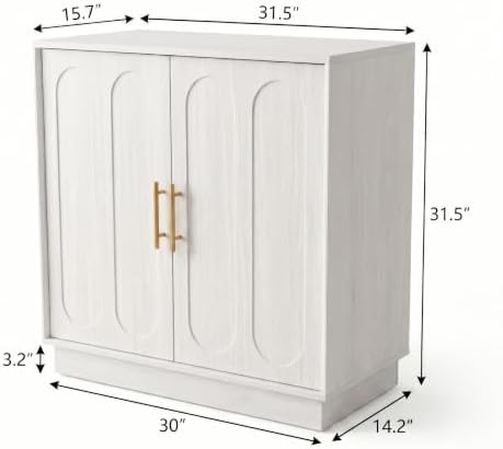 holzart 31.5" Modern Farmhouse Storage Cabinet, White 2 Door Sideboard Buffet with Gold Handles, Fluted Wood Accent Credenza for Entryway, Living Room, Coffee Bar, Home Office