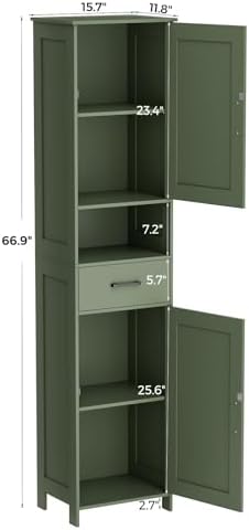 Homhedy 67" H Tall Bathroom Storage Cabinet with Barn Doors and Drawer | Narrow Storage Unit with Adjustable Shelves, Floor Cabinet for Bathroom, Living Room, Entryway or Kitchen, Green, 15.7" W