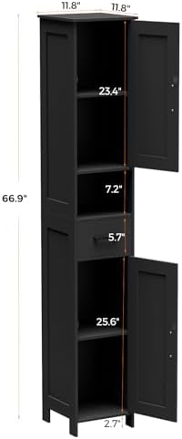 Homhedy 67" H Tall Bathroom Storage Cabinet with Barn Doors and Drawer | Narrow Storage Unit with Adjustable Shelves, Floor Cabinet for Bathroom, Living Room, Entryway or Kitchen, Black, 11.8" W