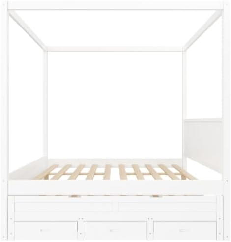 SANOFI Queen Size Wood Canopy Bed with Twin Size Trundle, White