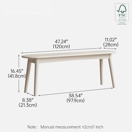 Modern Farmhouse Dining Bench with 100% Solid Rubberwood Bench Frame, Bed End Bench Entryway Bench Ottoman for Kitchen Living Room Bedroom Entrance (Wood White, 47.2'')