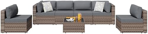 SUNLEI 7 Piece Patio Furniture Sets, Low Back All-Weather Rattan Sectional Sofa with Tea Table&Washable Couch Cushions, Patio Furniture Sets, Brown Rattan