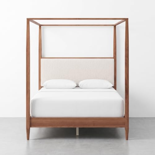 Merax Queen 4-Poster Wood Canopy Bed with Boucle Headboard, Walnut