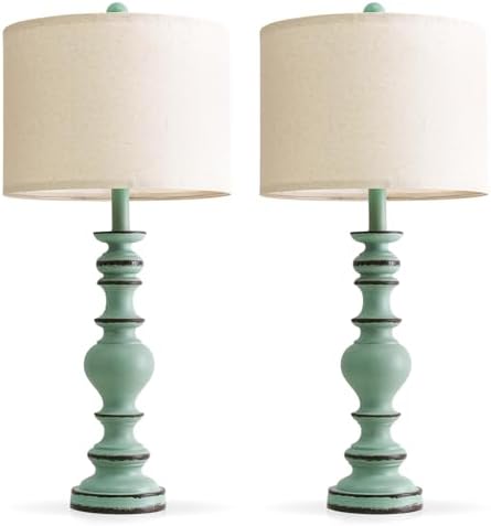 BOBOMOMO 27" Distressed Teal Table Lamps Set of 2, Large Coastal Farmhouse Resin Lamps with Linen Shades, Blue Green Lamps for Living Room, Bedroom, or Console Table Home Décor