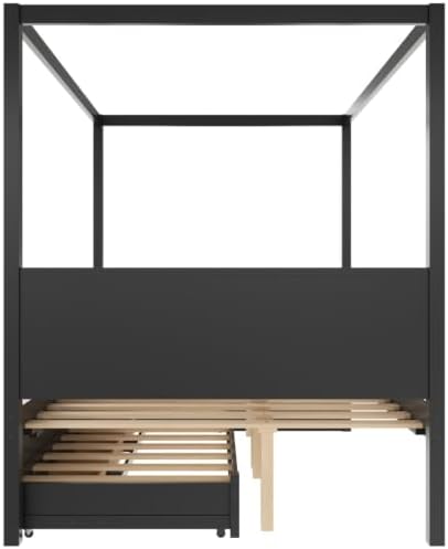 SANOFI Queen Size Wood Canopy Bed with Twin Size Trundle, Black
