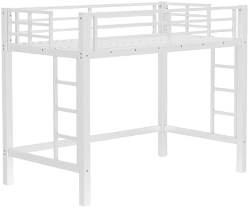 Bellemave Twin Size Loft Bed Frame with 2 Ladder, Sturdy Metal Construction & High Guardrail, Space-Saving Twin Loft Bed for Kids, No Box Spring Needed, Safe for Kids, Adults, Teens, Dorms, White