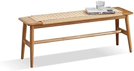 31.5'' Woven Dining Beach with 100% Solid Oak Wood Bench Frame, Hand Knitted Rope Designed Bed End Shoe Bench for Kitchen Bedroom Entryway, Beige